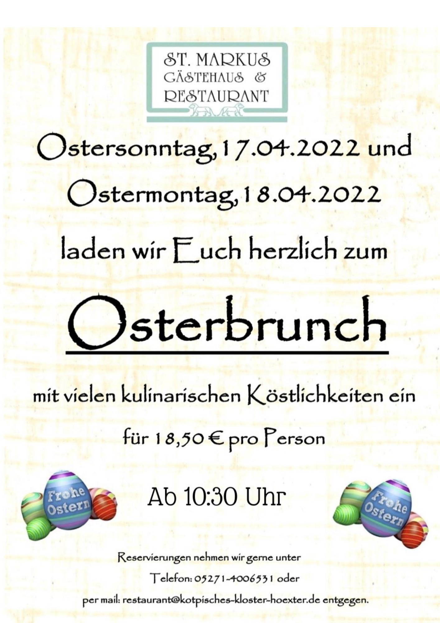 St. Markus Restaurant Höxter Brenkhausen Osterbrunch 2022